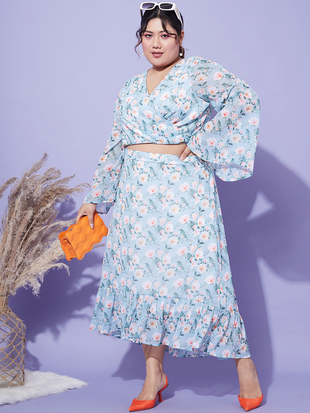 SASSAFRAS Curve Floral Printed Crop Top & Flared Hem Skirt