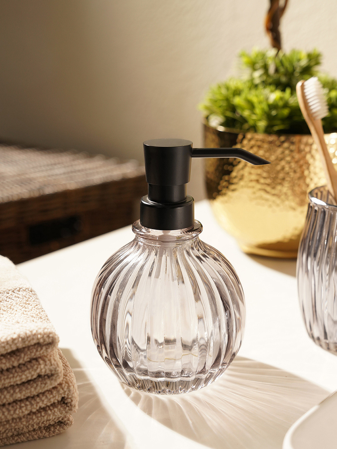 Pure Home and Living Black Ribbed Glass Soap Dispenser