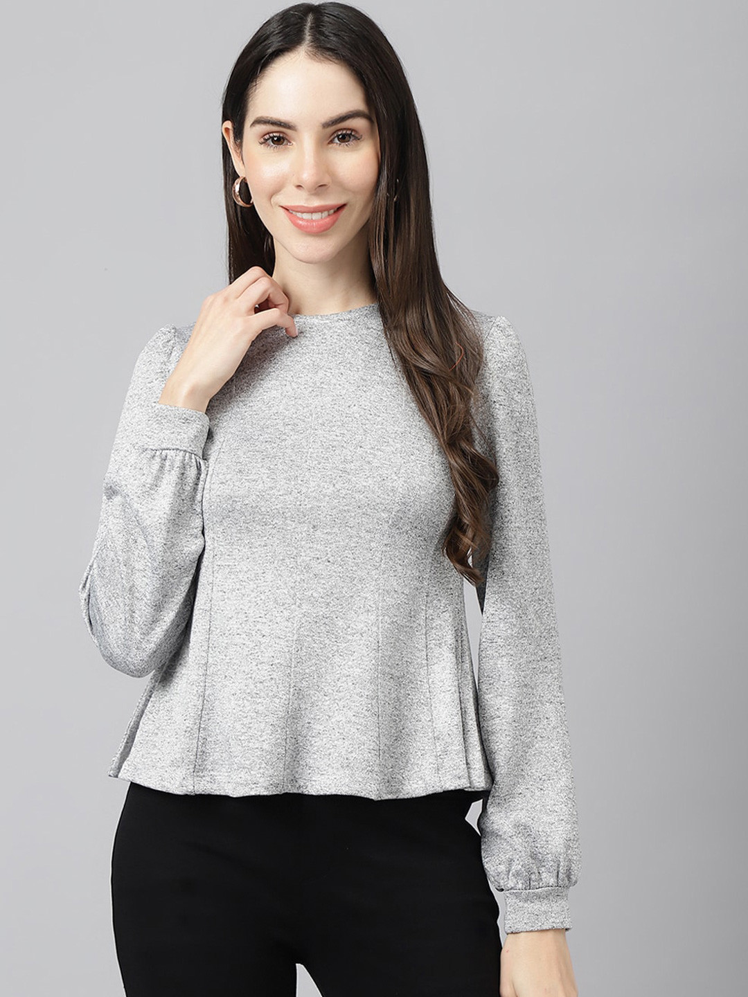 Xpose Round Neck Puff Sleeves Peplum Top