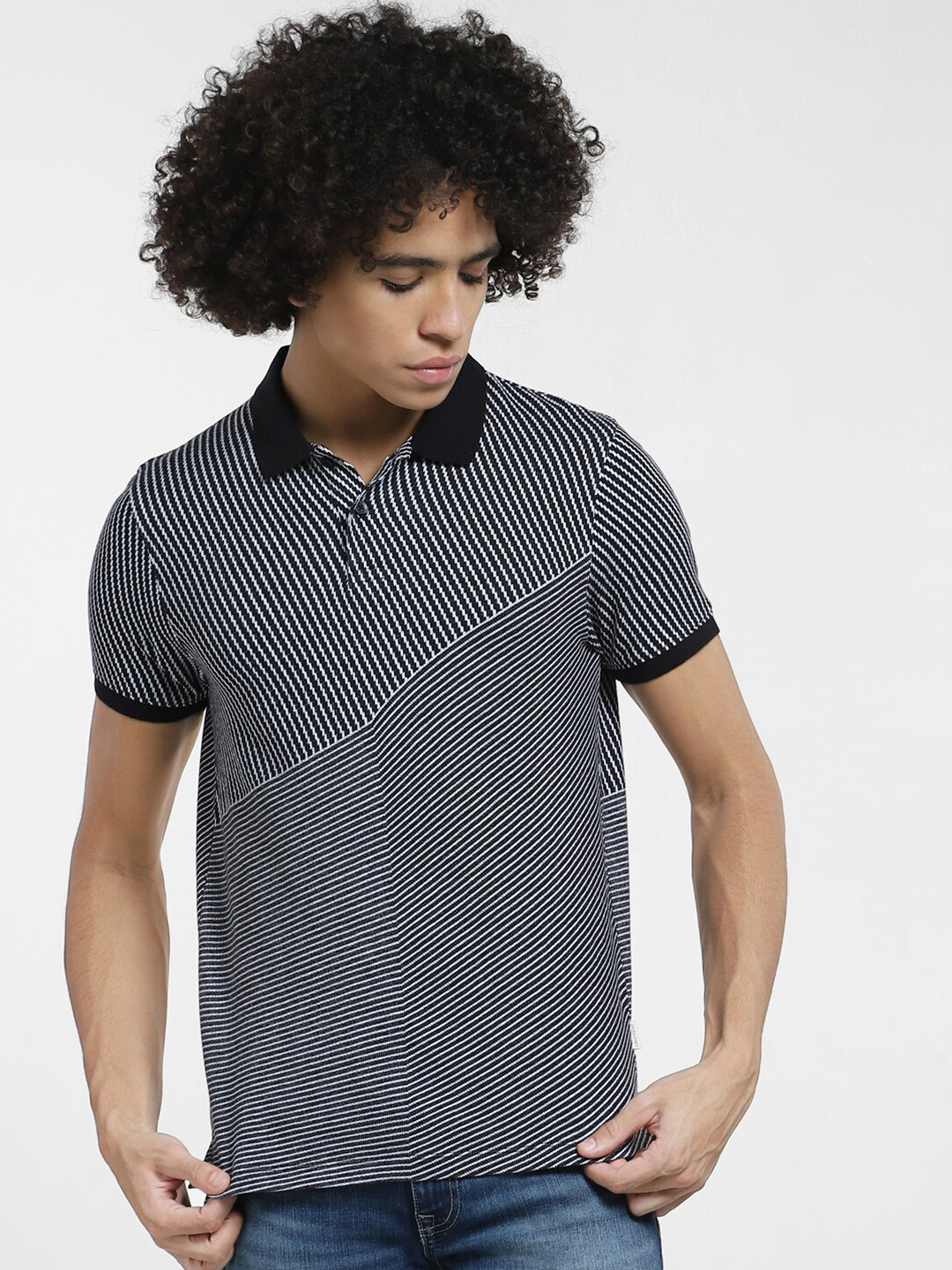 Jack & Jones Striped Polo Collar Cotton Slim Fit T-shirt