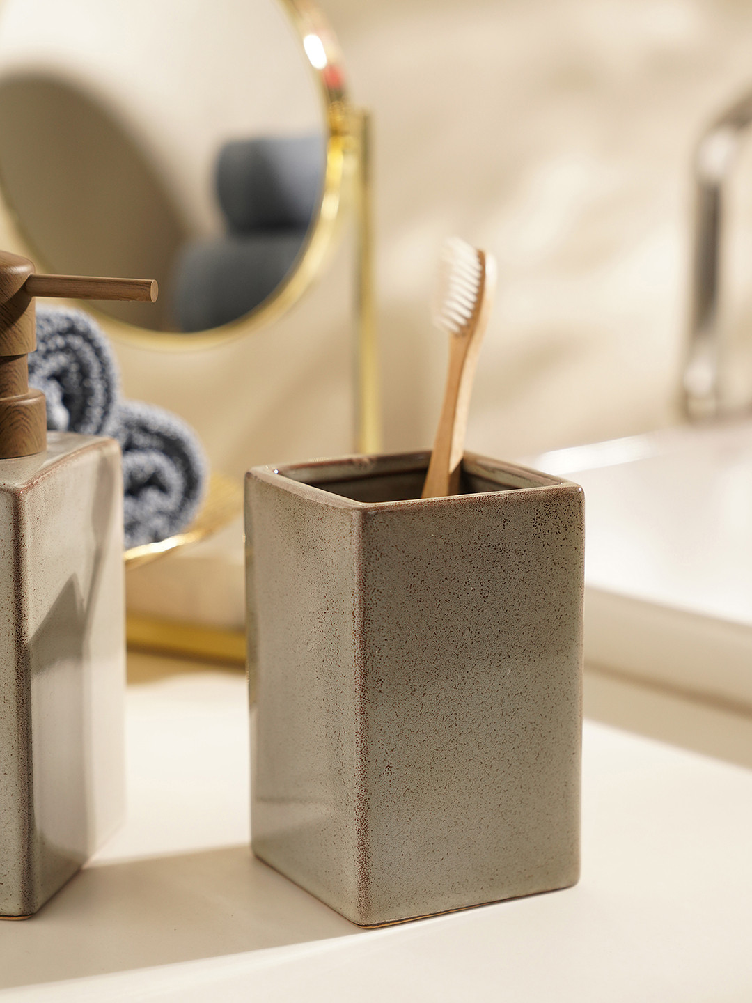 Pure Home and Living Beige Glazed Stone Toothbrush Holder