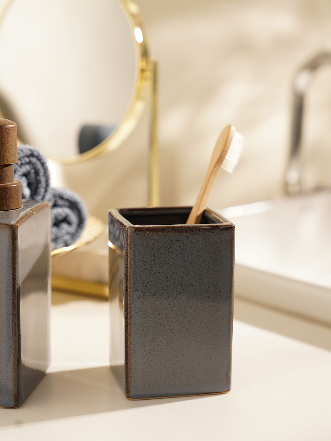 Pure Home and Living Grey Glazed Stoneware Toothbrush Holder