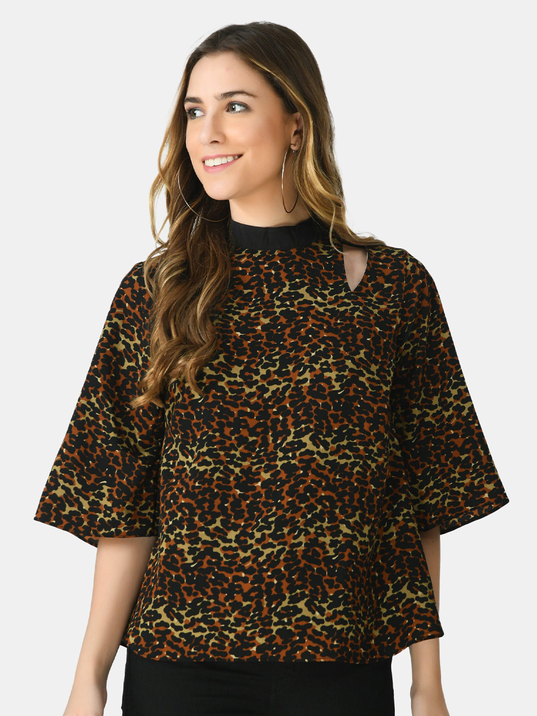 V&M High Neck Animal Printed Cut Out Crepe Top