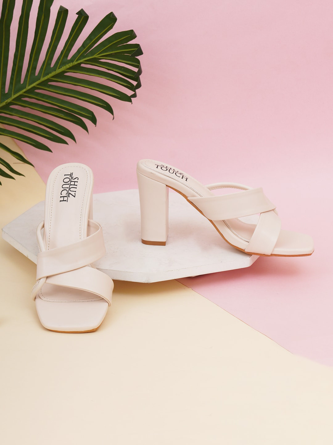 SHUZ TOUCH Textured Open Toe Block Heels