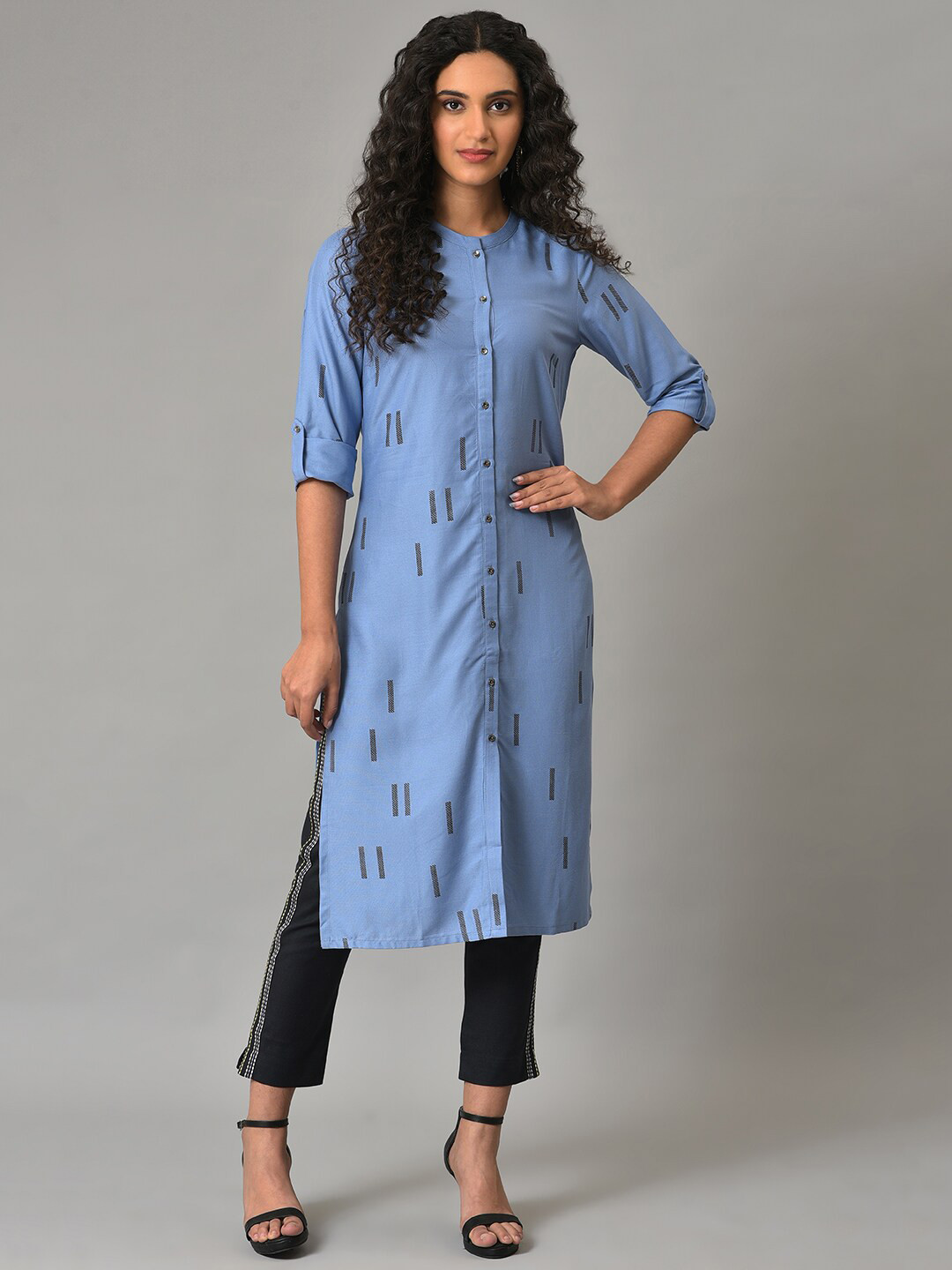W Printed Band Collar Roll Up Sleeves Kurta