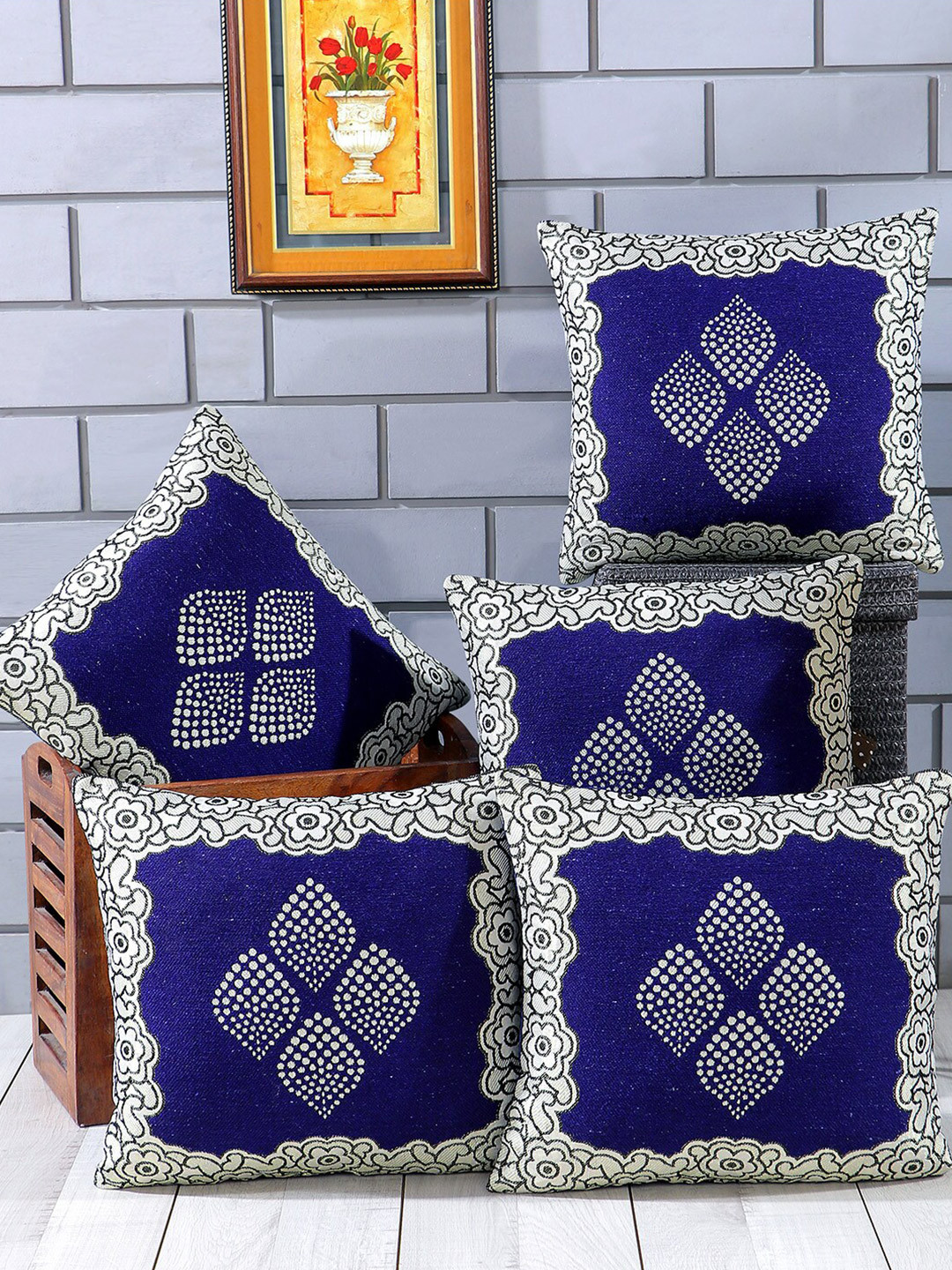 Nendle Light-Weight Blue Floral Polyester Silk Breathable 5 Pcs Cushion Covers -16x16In