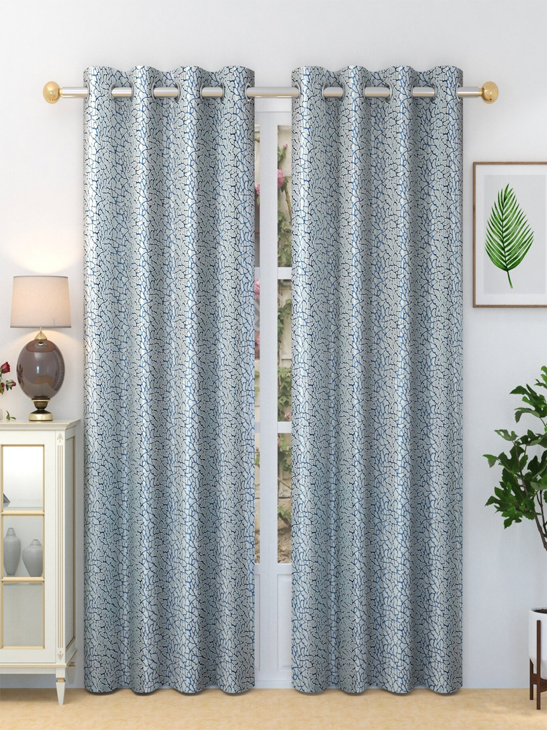 Homefab India Crystal Blue & White 2 Pieces Abstract Printed Door Curtains