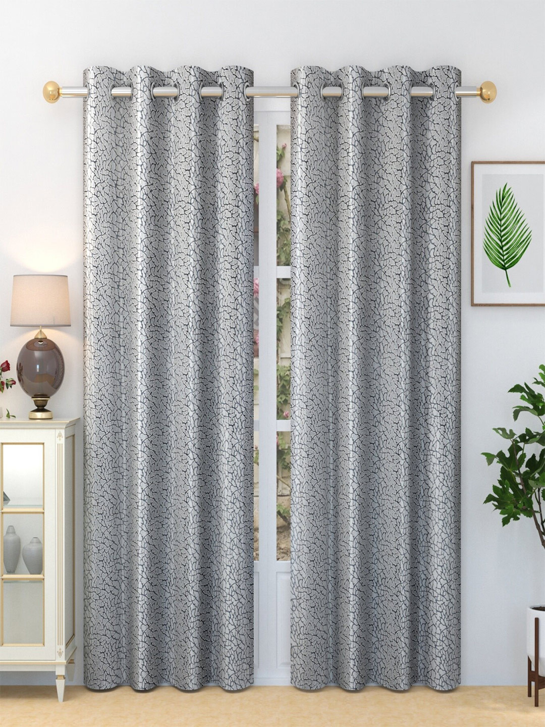 Homefab India Crystal Grey & White 2 Pieces Abstract Printed Long Door Curtains