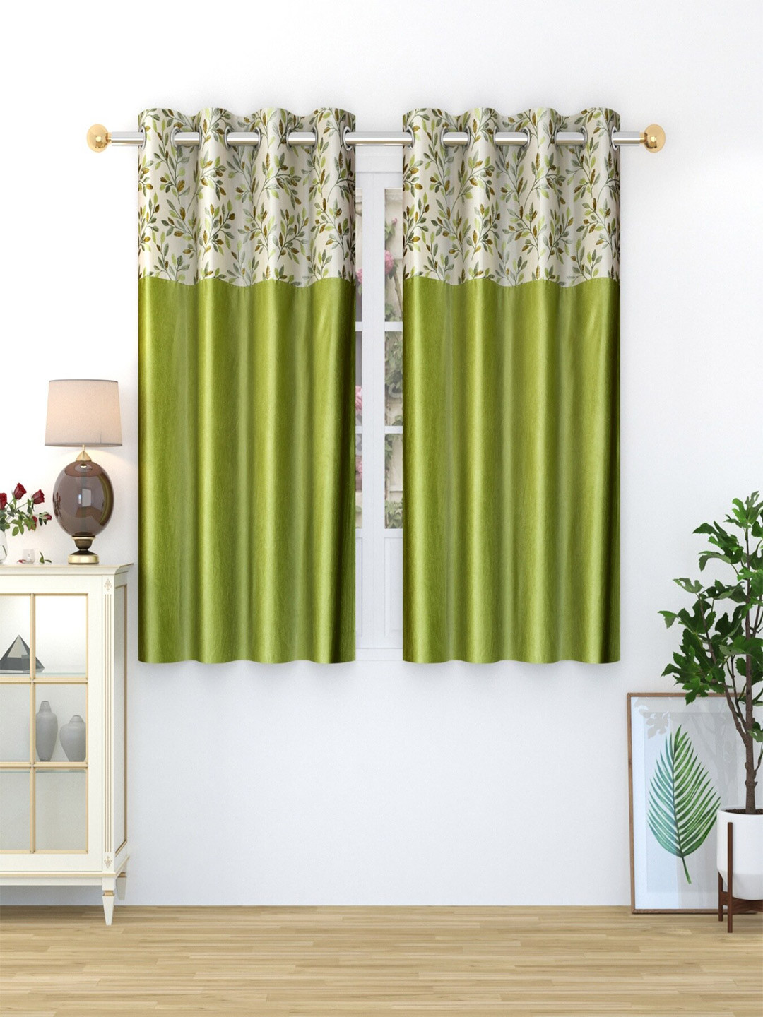 Homefab India Stylish Fern Green & White 2 Pieces Floral Printed Window Curtains