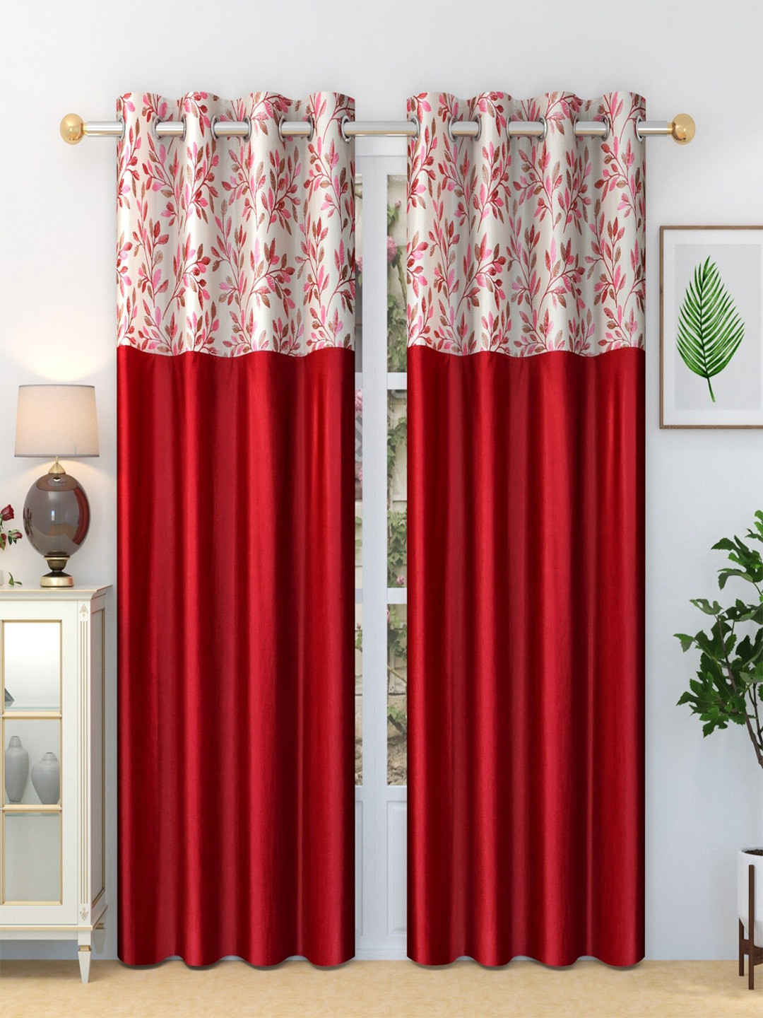 Homefab India Stylish Fern Maroon & White 2 Pieces Floral Printed Long Door Curtain