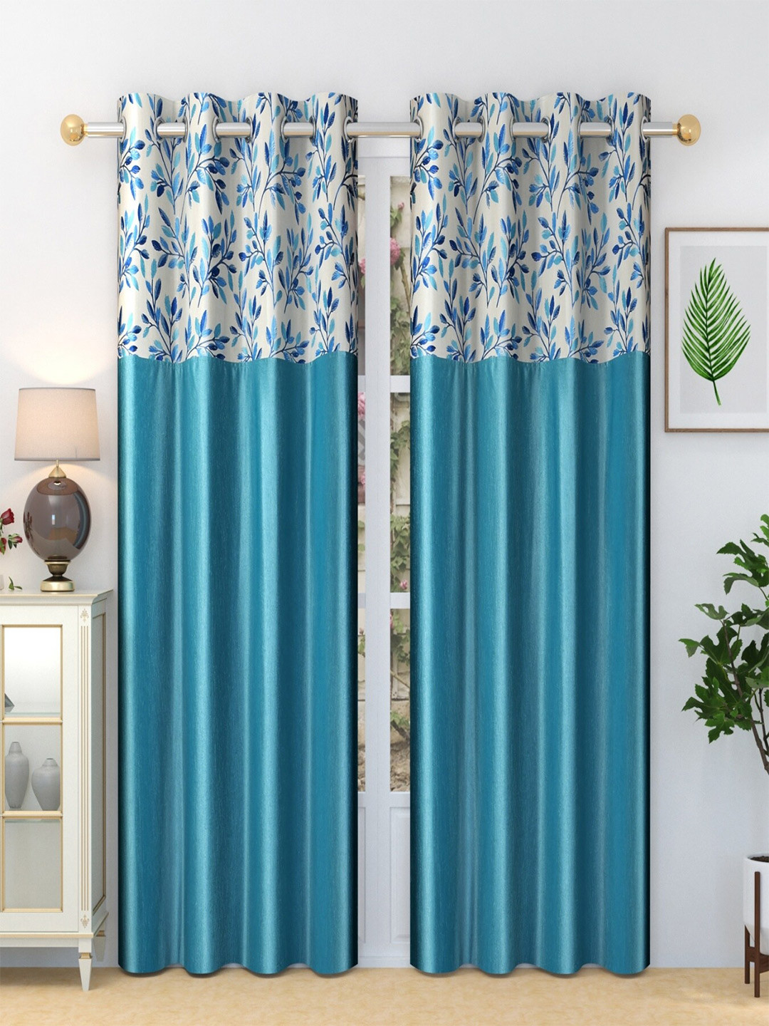 Homefab India Stylish Fern Blue & White 2 Pieces Floral Printed Long Door Curtain