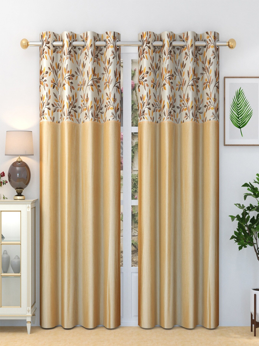 Homefab India Stylish Fern Beige & Brown 2 Pieces Floral Printed Long Door Curtain