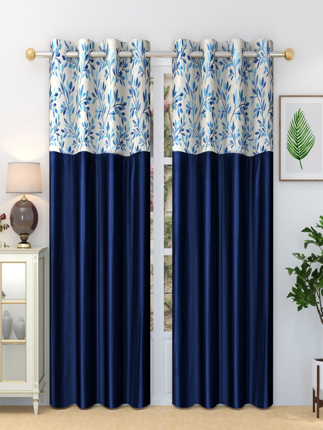 Homefab India Stylish Fern Navy Blue & White 2 Pieces Floral Printed Long Door Curtains
