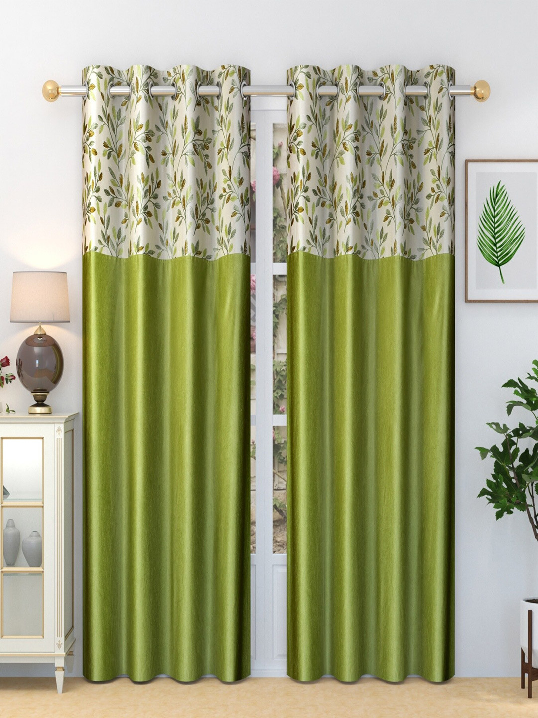 Homefab India Stylish Fern Green & White 2 Pieces Floral Printed Door Curtains