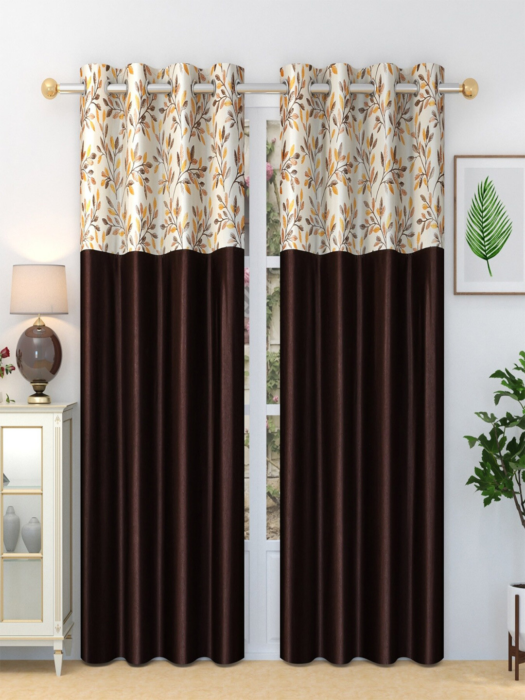Homefab India Stylish Fern Coffee Brown & Cream 2 Pieces Floral Printed Long Door Curtains