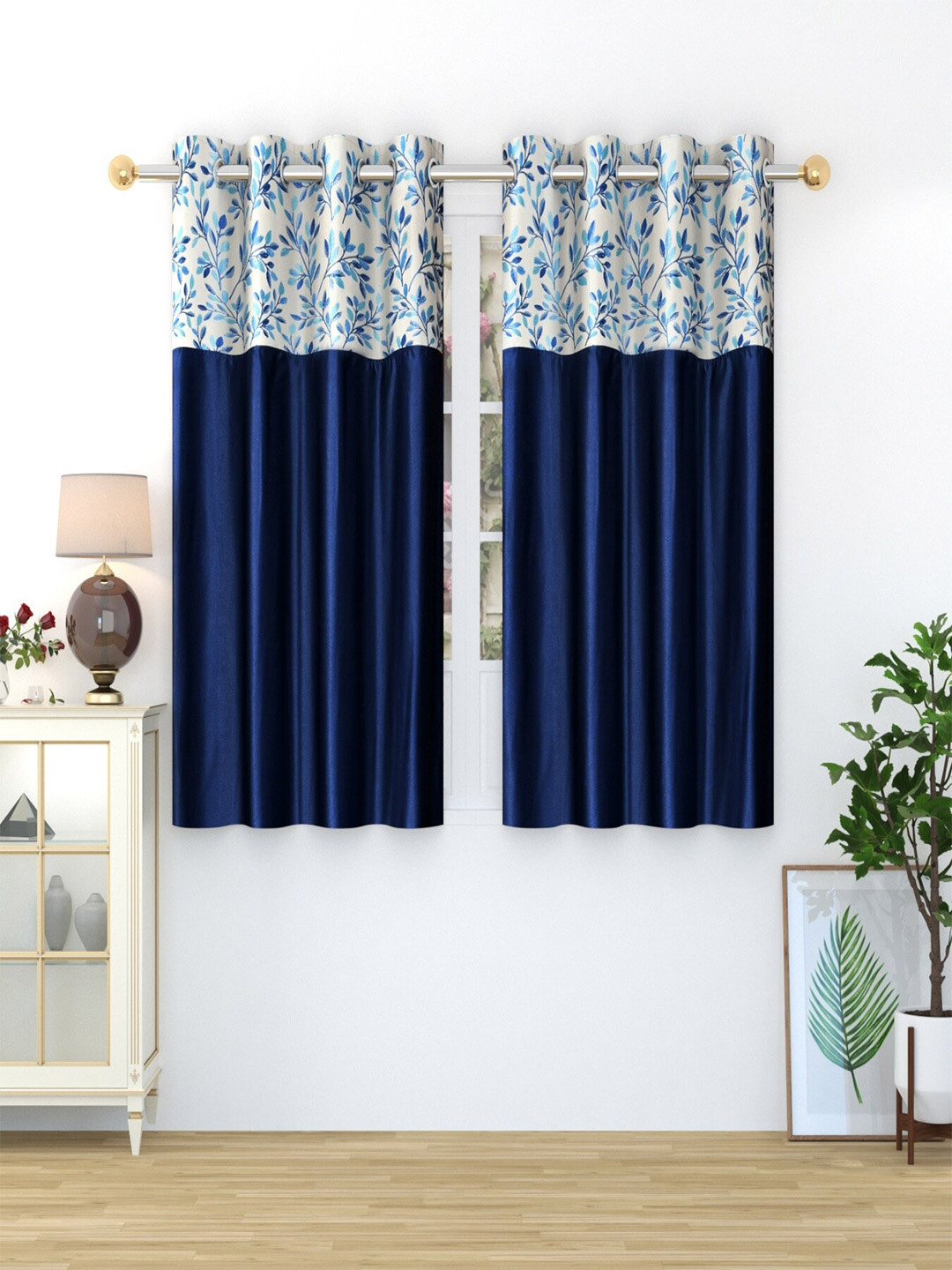 Homefab India Stylish Fern Navy Blue & White 2 Pieces Floral Printed Window Curtains