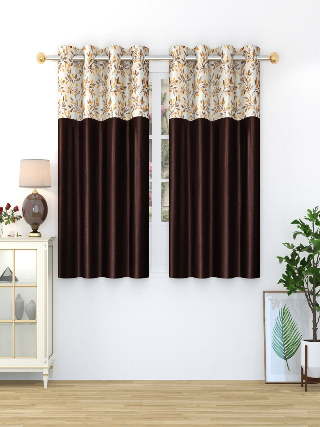 Homefab India Stylish Fern Coffee Brown & Cream 2 Pieces Floral Printed Window Curtains