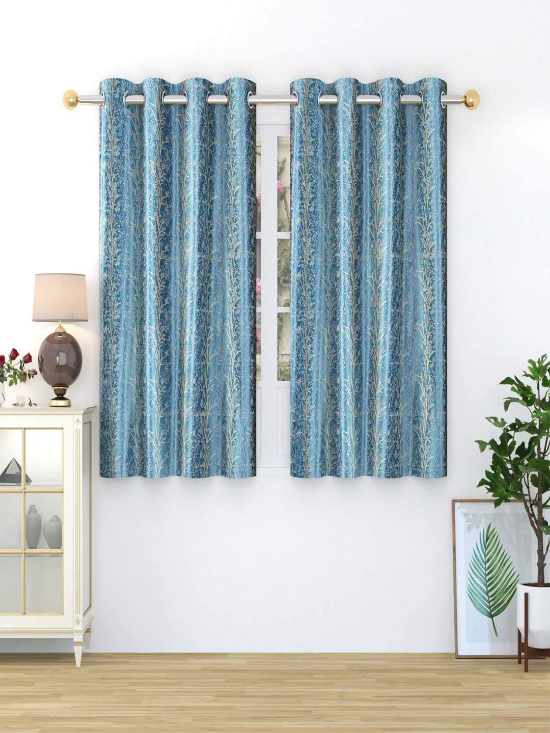 Homefab India Oak Tree Blue & Brown 2 Pieces Abstract Printed Window Curtains