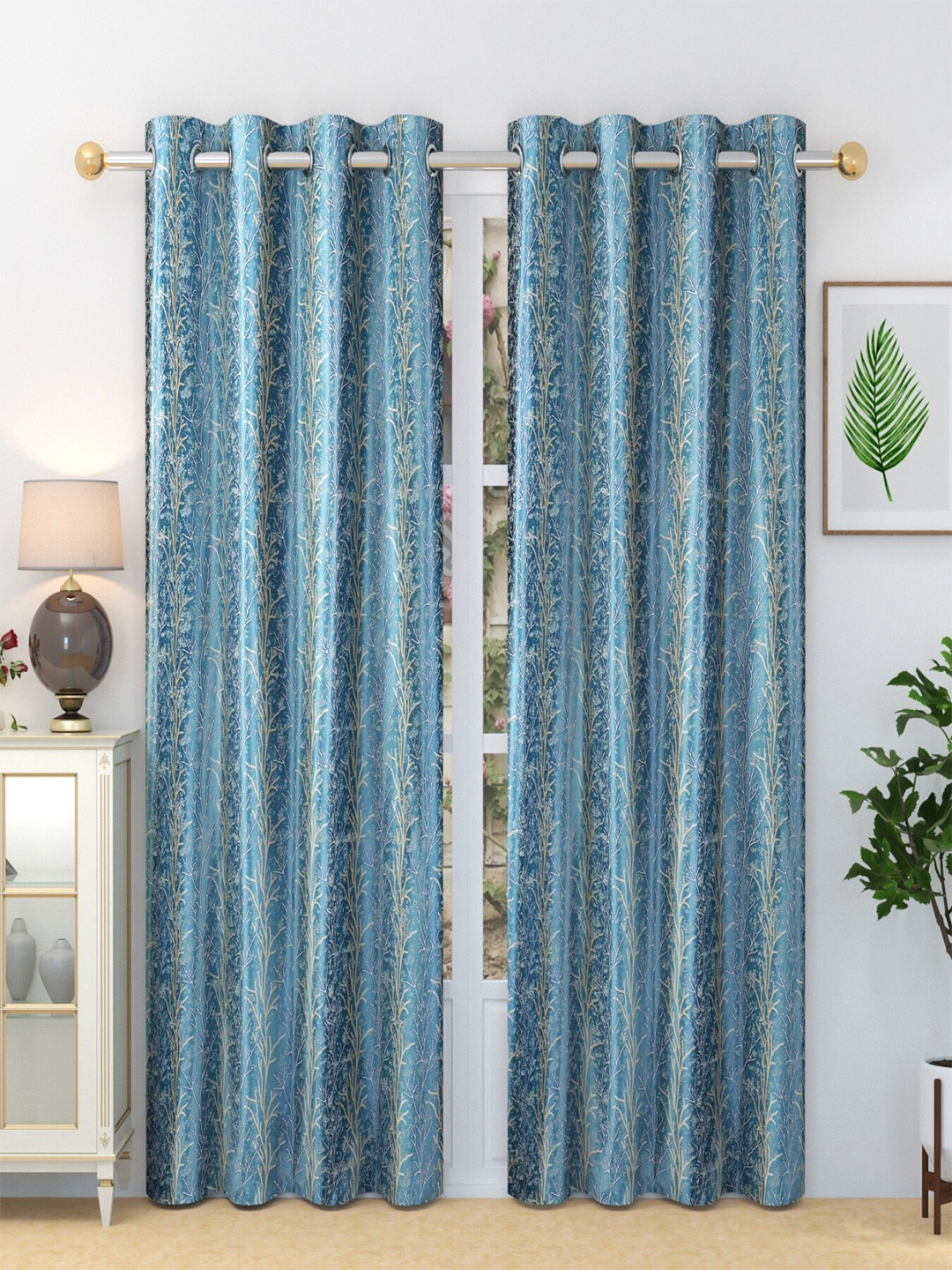 Homefab India Oak Tree Blue & White 2 Pieces Abstract Printed Long Door Curtains