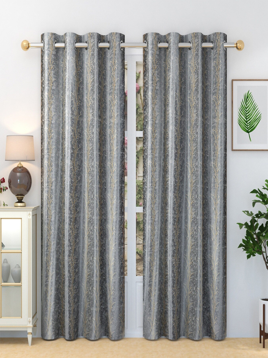 Homefab India Oak Tree Grey & White  Pieces Abstract Printed Door Curtains