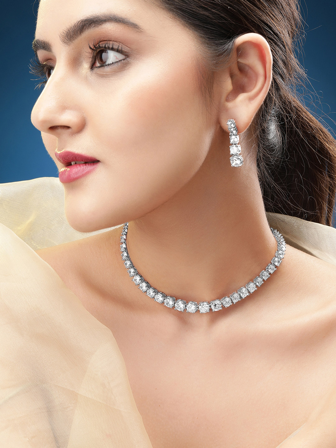 Rubans Rhodium-Plated White Cubic Zirconia Studded Tennis Necklace