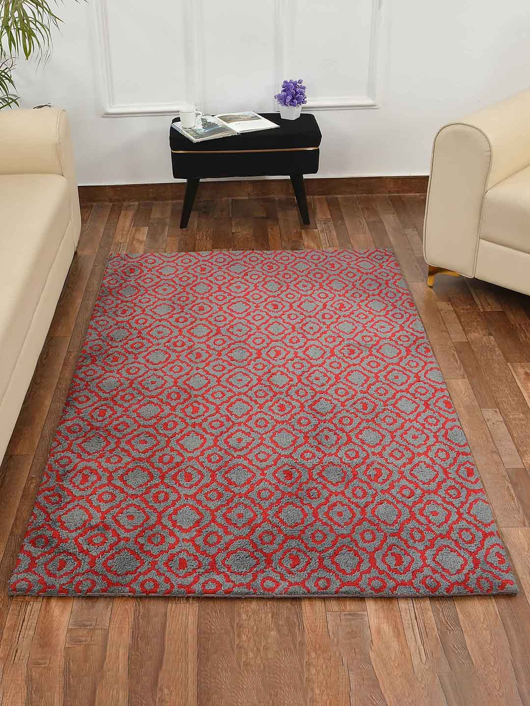 PRESTO Red & Grey Abstract Printed No Shredding Rectangular Carpet