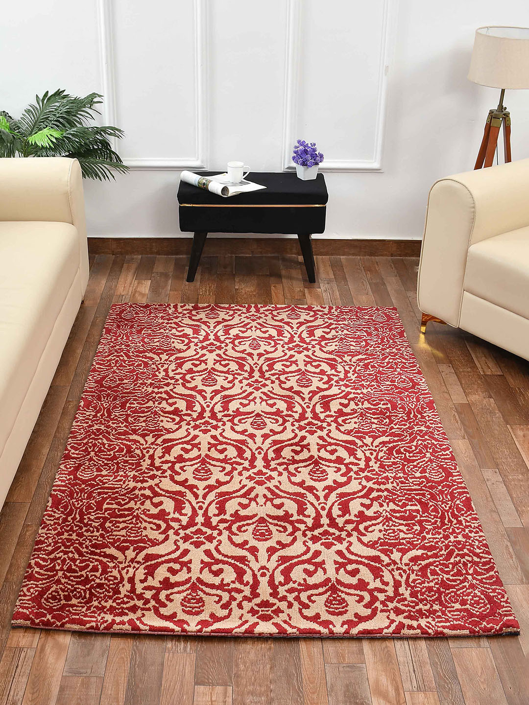 PRESTO Red & Beige Ethnic Motifs Pattern Durable No Shredding Rectangular Carpet