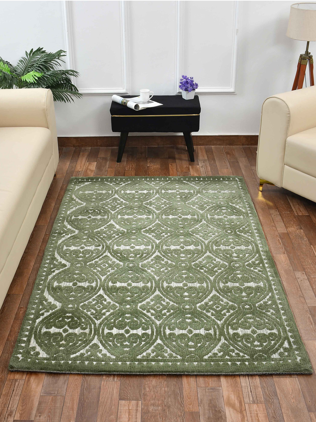 PRESTO Green Ethnic Motifs Printed Durable No Shredding Rectangular Carpet