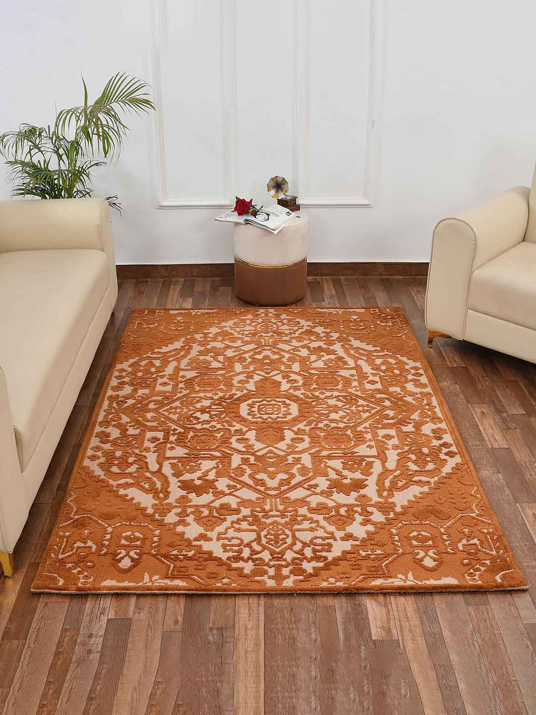 PRESTO Beige & Orange Ethnic Motif Patterned No shredding Carpet