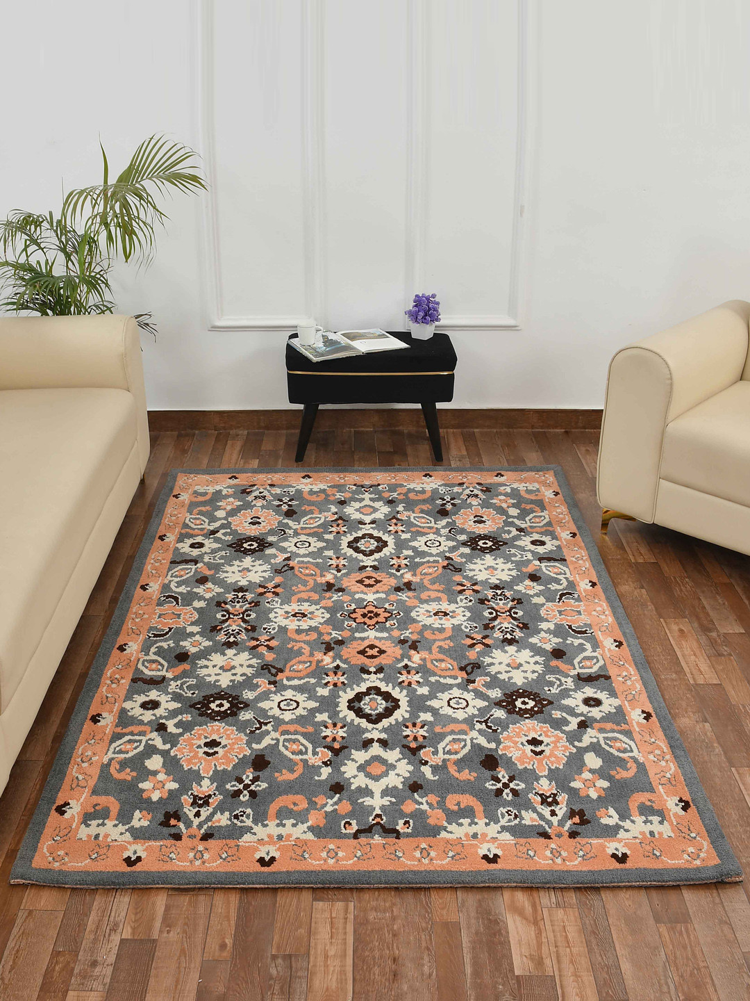 PRESTO Peach-Coloured & Grey Ethnic Motif Printed Traditional No-Shred Carpet