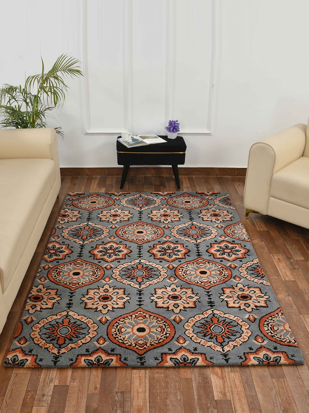 PRESTO Grey & Orange-Colored Ethnic Motifs Pattern Traditional Rectangular Carpet