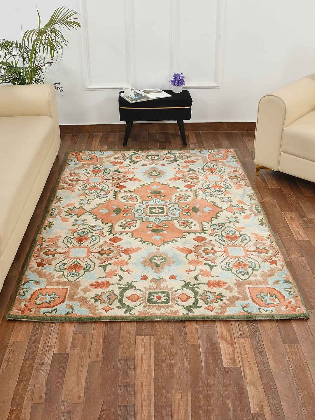 PRESTO Peach-Coloured & Green Ethnic Motifs Printed Traditional No Shredding Carpet