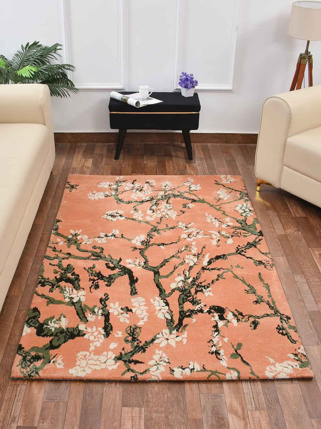 PRESTO Peach-Colored & Green Floral Pattern Rectangular Carpet