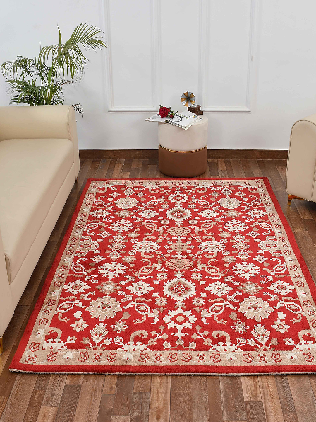 PRESTO Red & Beige Ethnic Motif Printed No-Shred Carpet