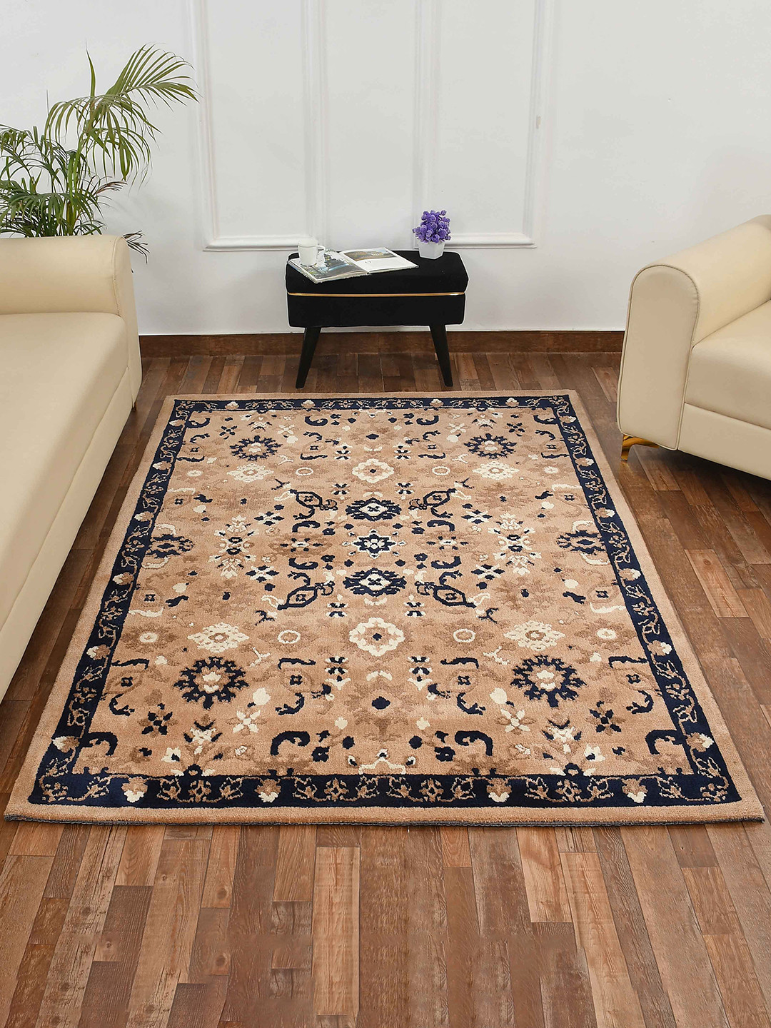 PRESTO Beige & Blue Traditional Printed Non-Shredding Rectangular Carpet