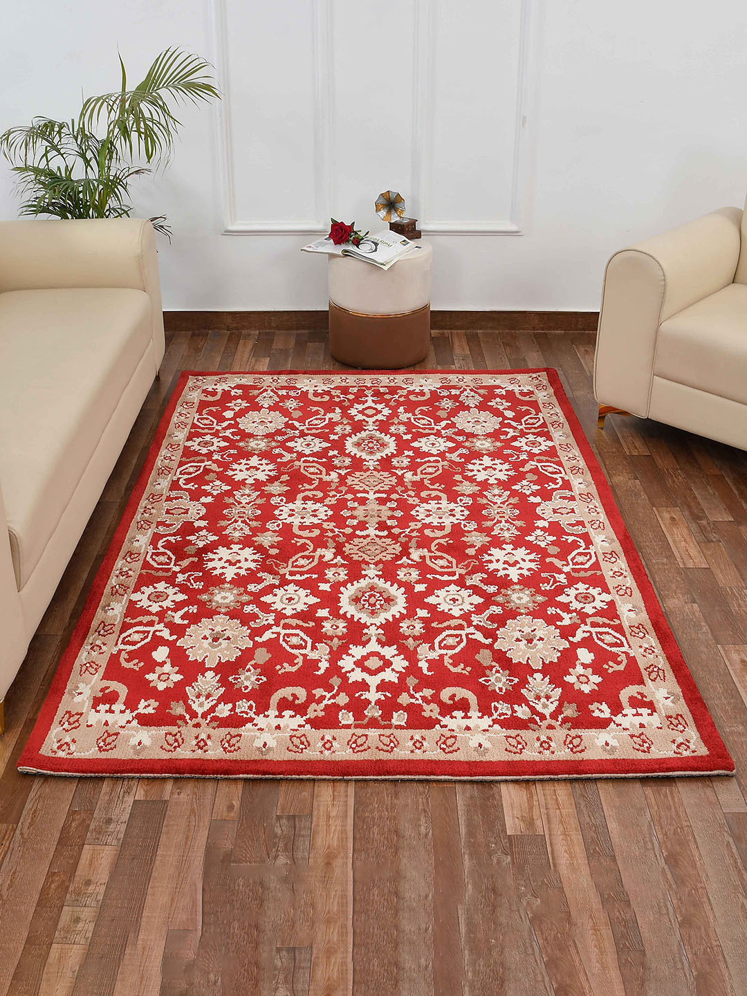 PRESTO Red & Beige Ethnic Motifs Printed Traditional Carpet