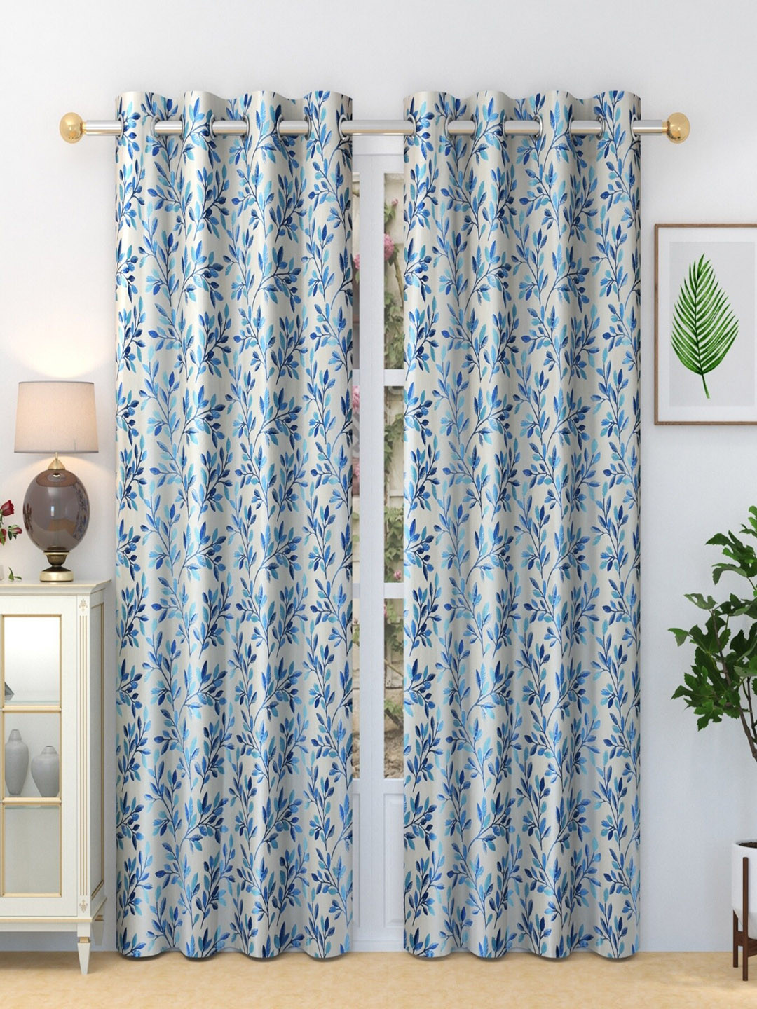 Homefab India Fern Blue & White 2 Pcs Floral Printed Long Door Curtains