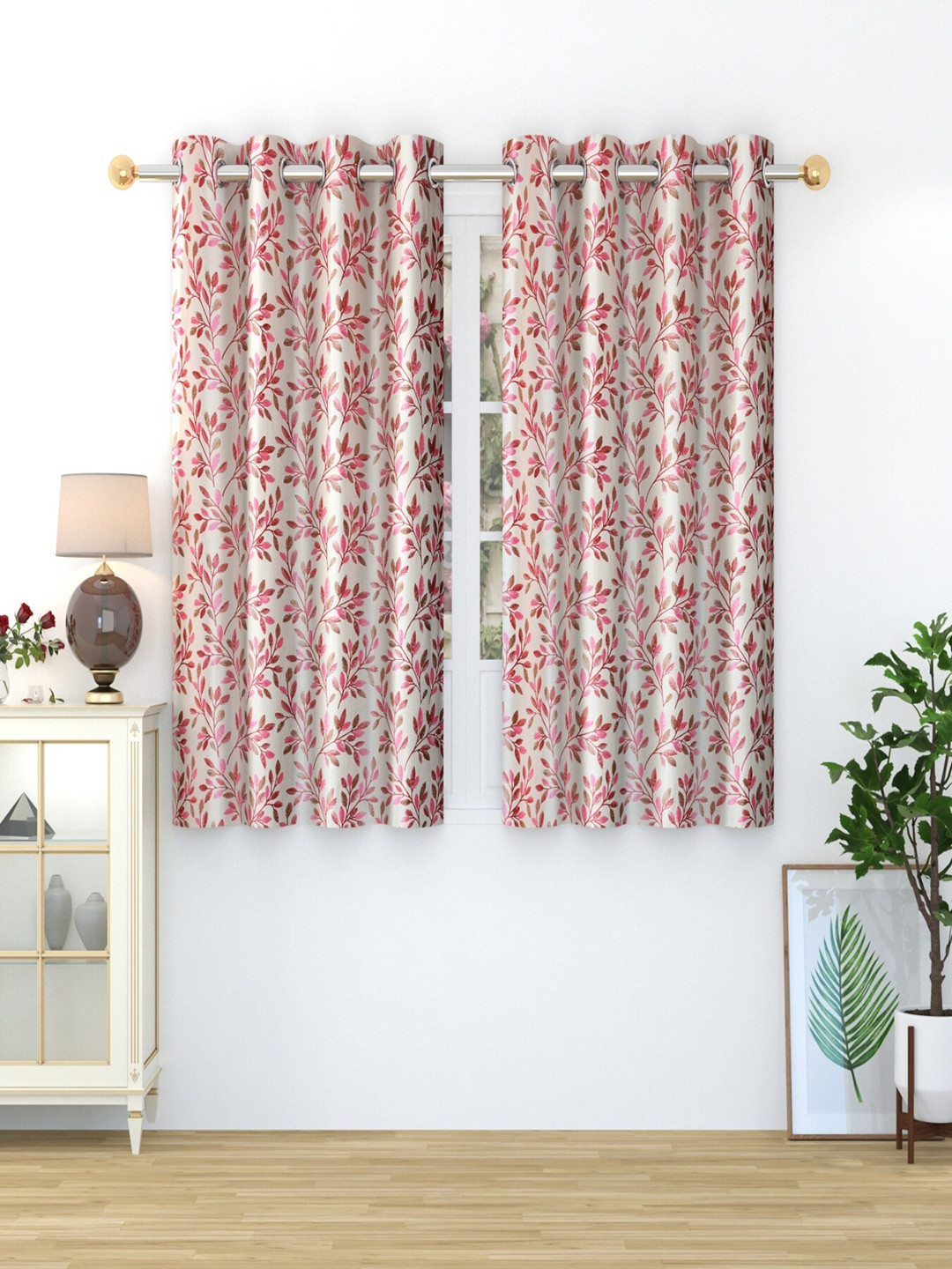 Homefab India Fern Maroon & Pink 2 Pcs Floral Printed Window Curtains
