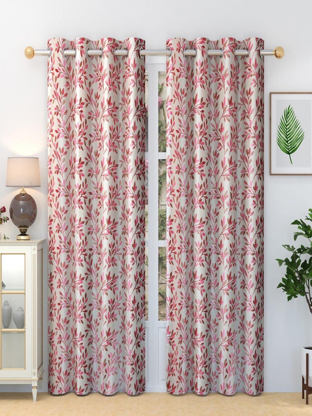 Homefab India Fern Maroon & Pink 2 Pcs Floral Printed Door Curtains