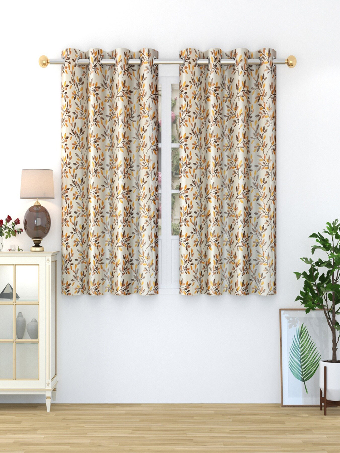 Homefab India Fern Brown & Cream-Coloured 2 Pcs Floral Printed Floral Window Curtains