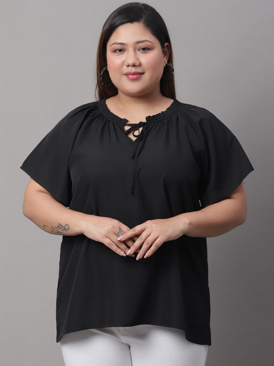 Rute Plus Size Tie-Up Neck Flutter Sleeve Top