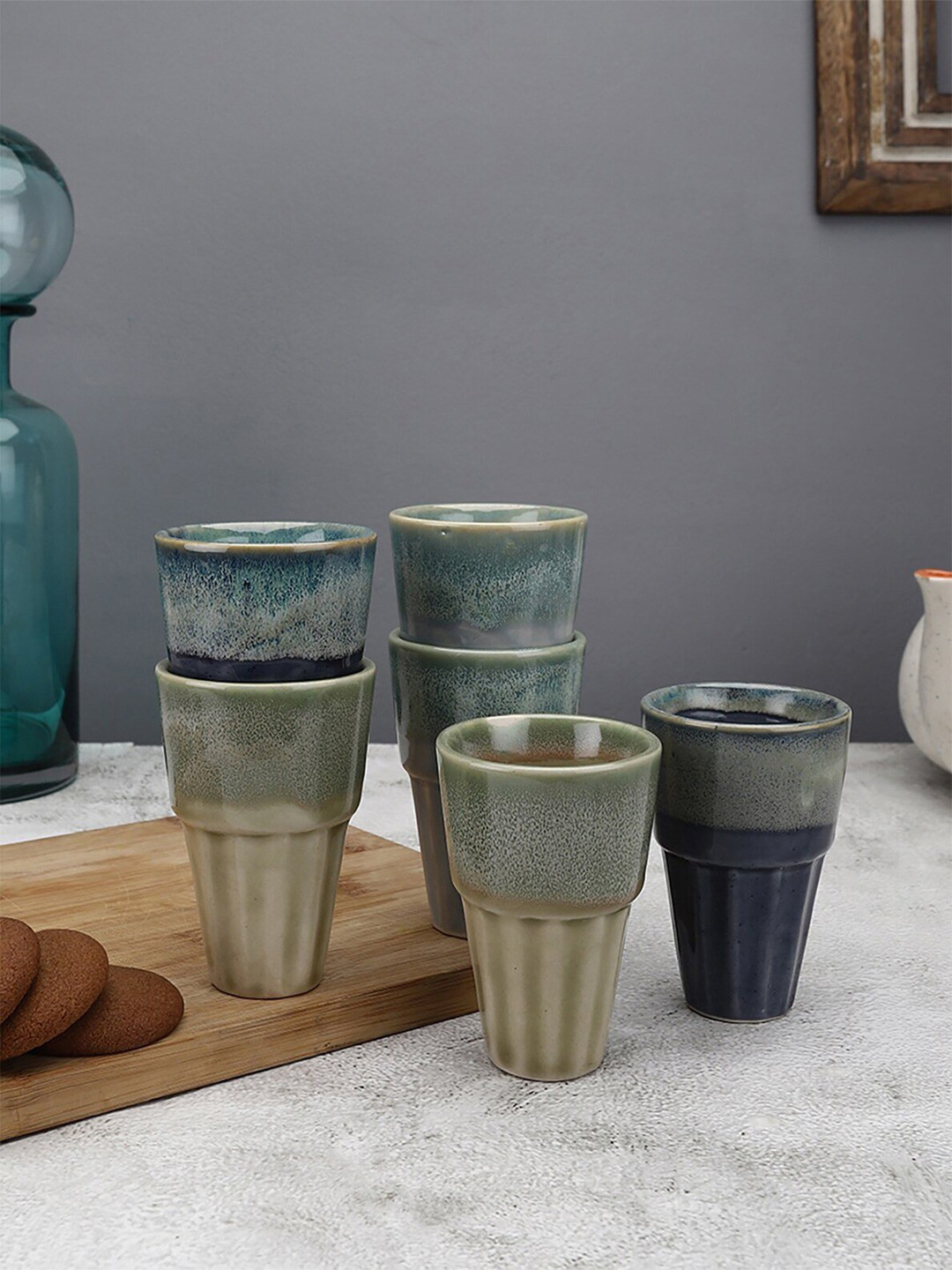 MIAH Decor Thank U Blue Striped Ceramic Handmade 6 Piece Cups-100ml