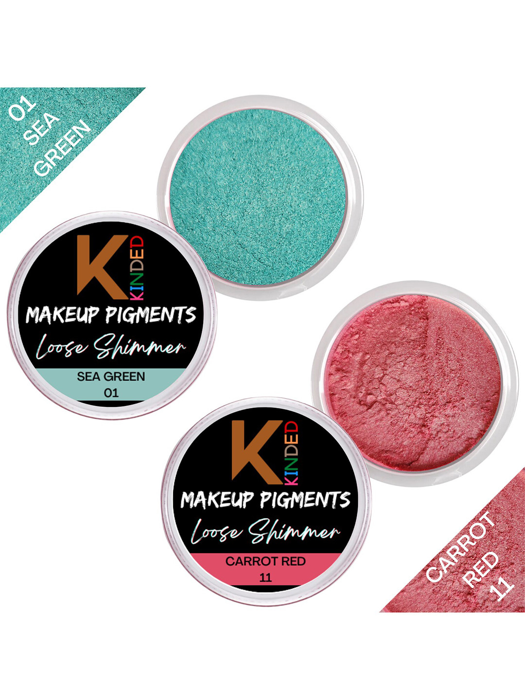 KINDED Set Of 2 Makeup Pigments Loose Shimmer Eyeshadow - Sea Green 01 & Carrot Red 11