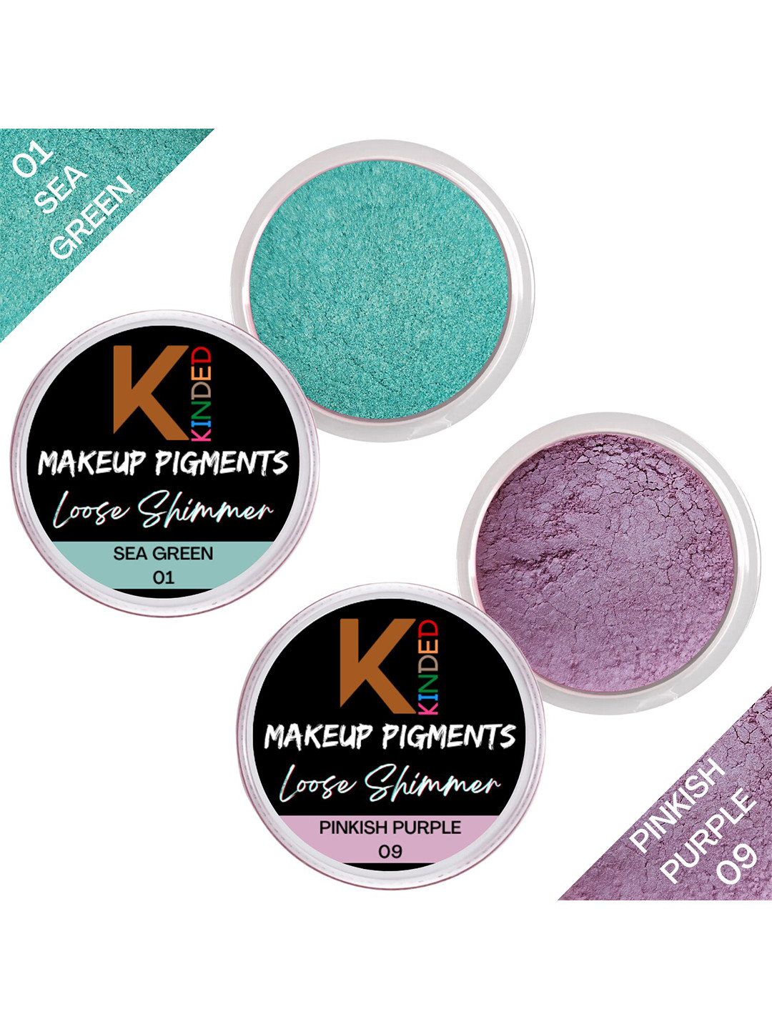KINDED Set Of 2 Makeup Pigments Loose Shimmer Eyeshadow - Sea Green 01 & Pinkish Purple 09