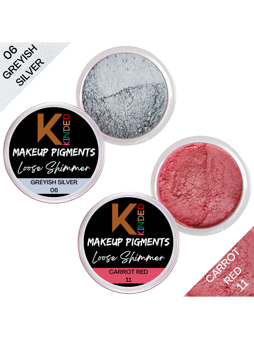 KINDED Set Of 2 Makeup Pigments Loose Shimmer Eyeshadow- Greyish Silver 06 & Carrot Red 11