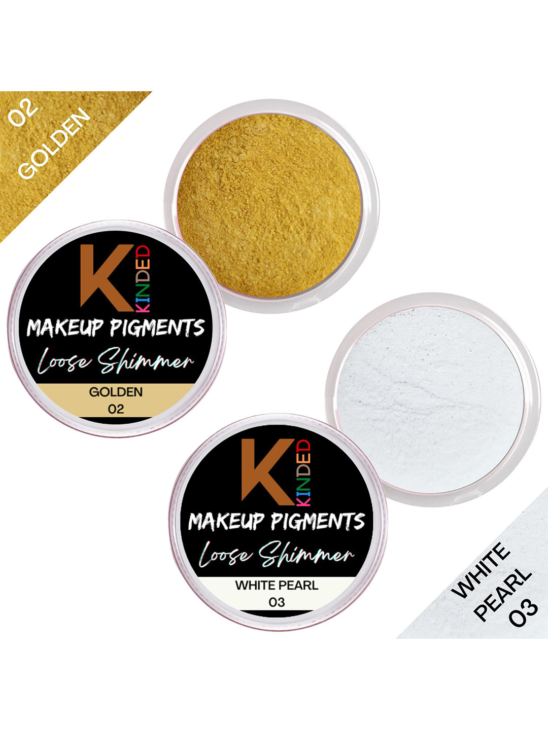 KINDED Set Of 2 Makeup Pigments Loose Shimmer Eyeshadow - Golden 02 & White Pearl 03