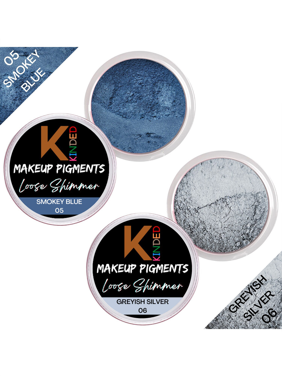 KINDED Set of 2 Makeup Pigment Loose Shimmer Eyeshadow- Smokey Blue 05 & Greyish Silver 06