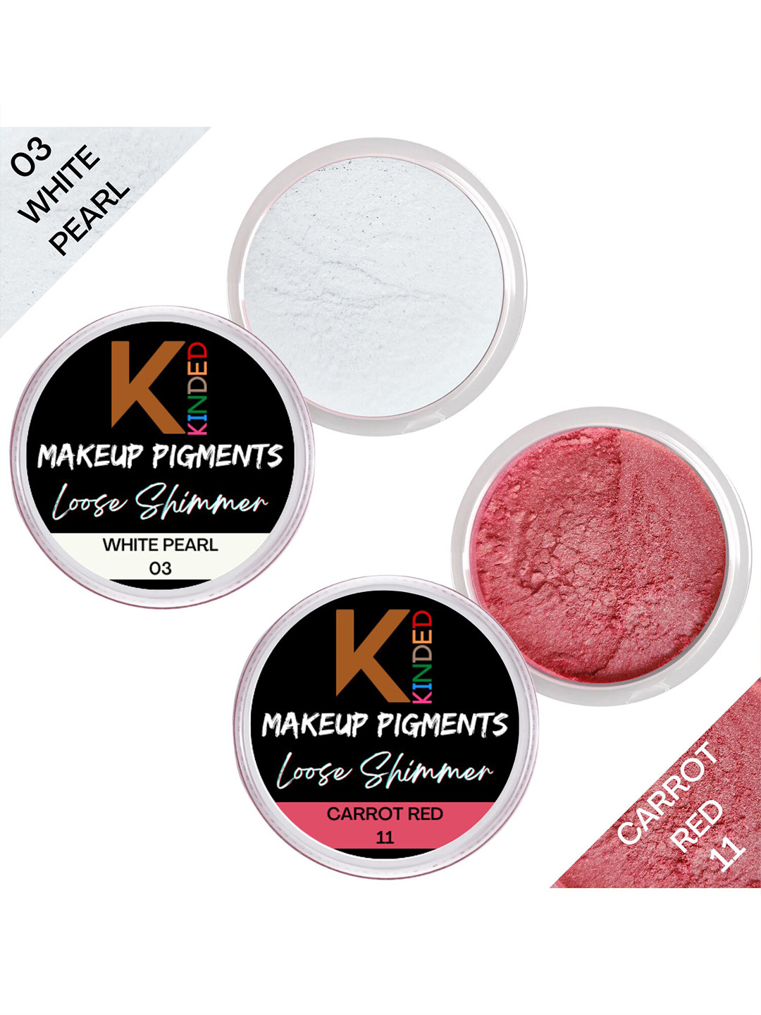 KINDED Set of 2 Makeup Pigments Loose Shimmer Eyeshadow - White Pearl 03 & Carrot Red 11