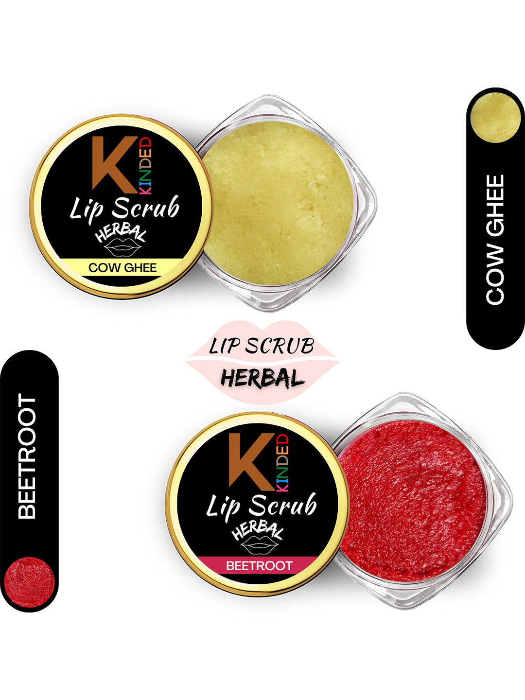 KINDED Set Of 2 Herbal Lip Scrubs 10 gm Each - Cow Ghee & Beetroot