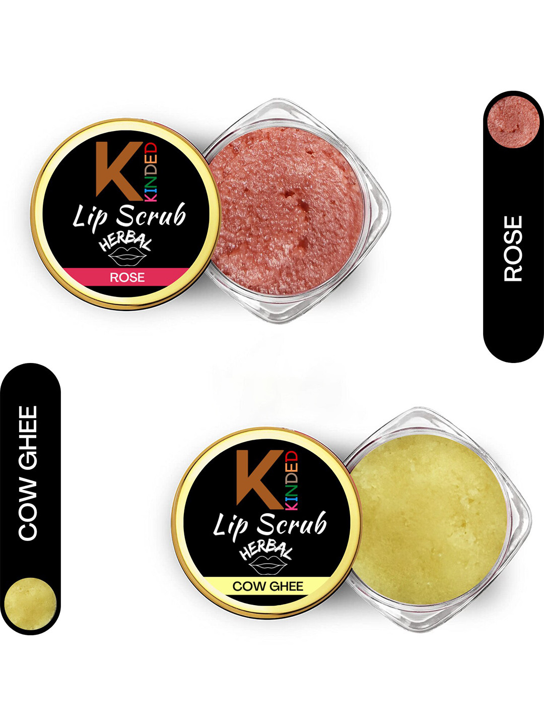 KINDED Herbal Set Of 2 Lip Sugar Scrub Exfoliator 10 gm Each - Rose 04 & Cow Ghee 05